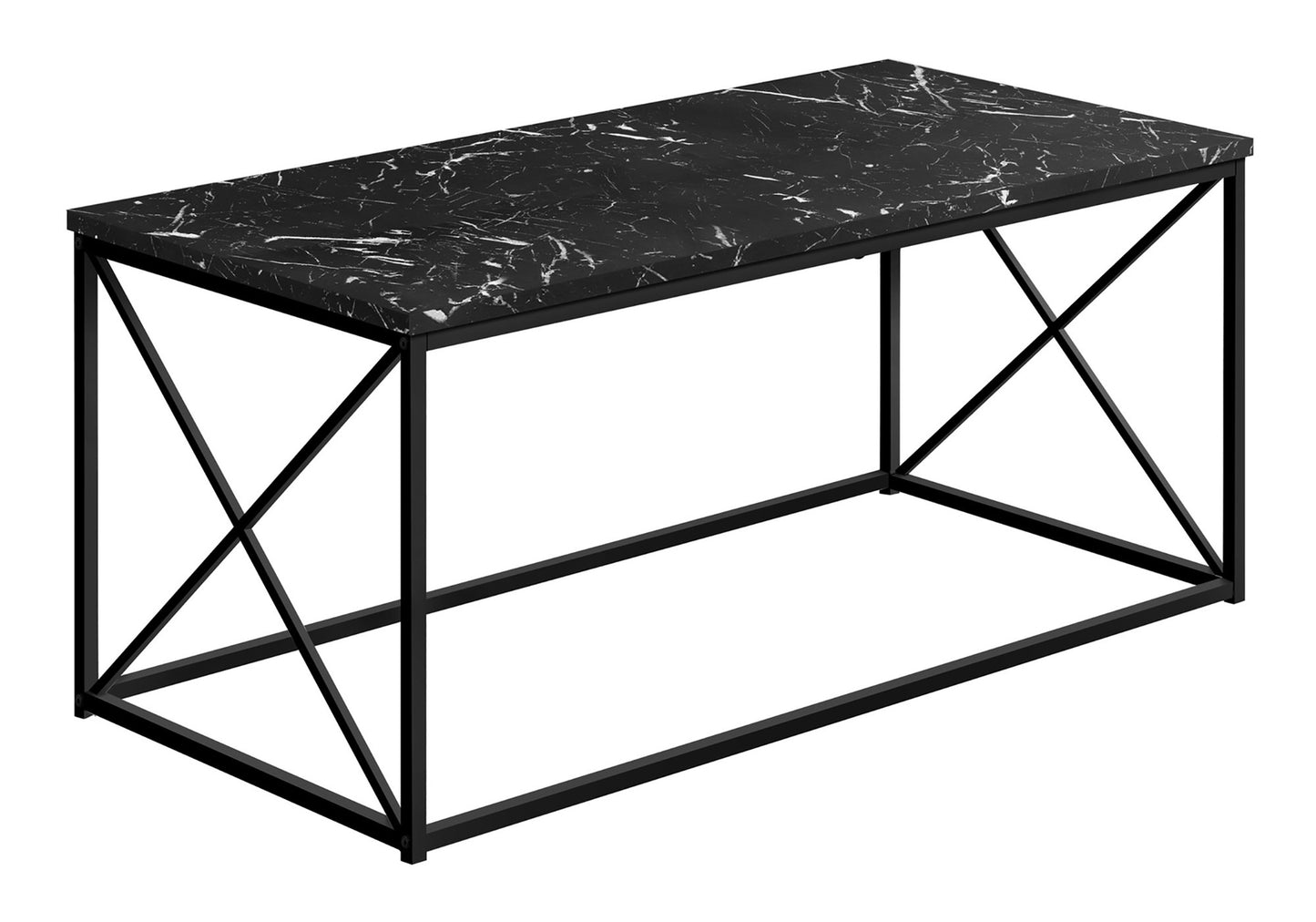 Black marble top console table with black metal frame and crisscross support