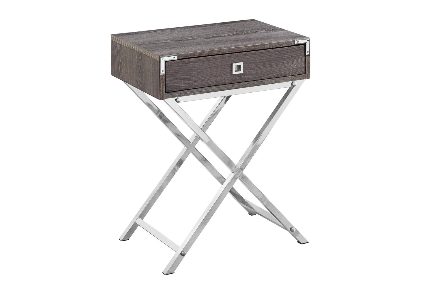 Gray wood grain end table with silver chrome Xbase and single drawer modern style