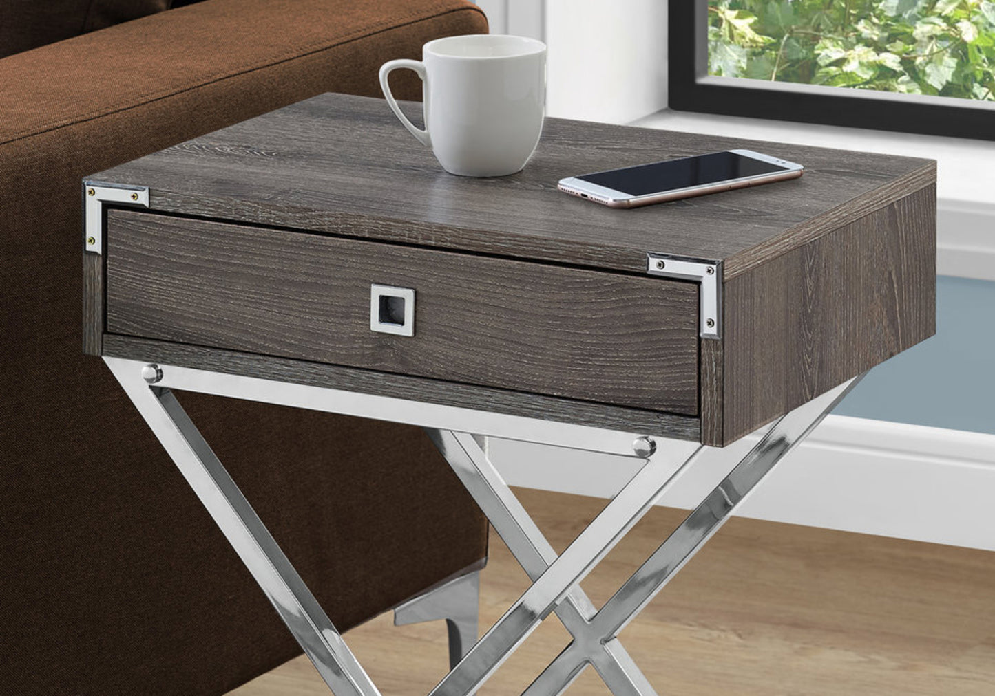 Dark grey wood grain end table with single drawer and chrome Xbase legs