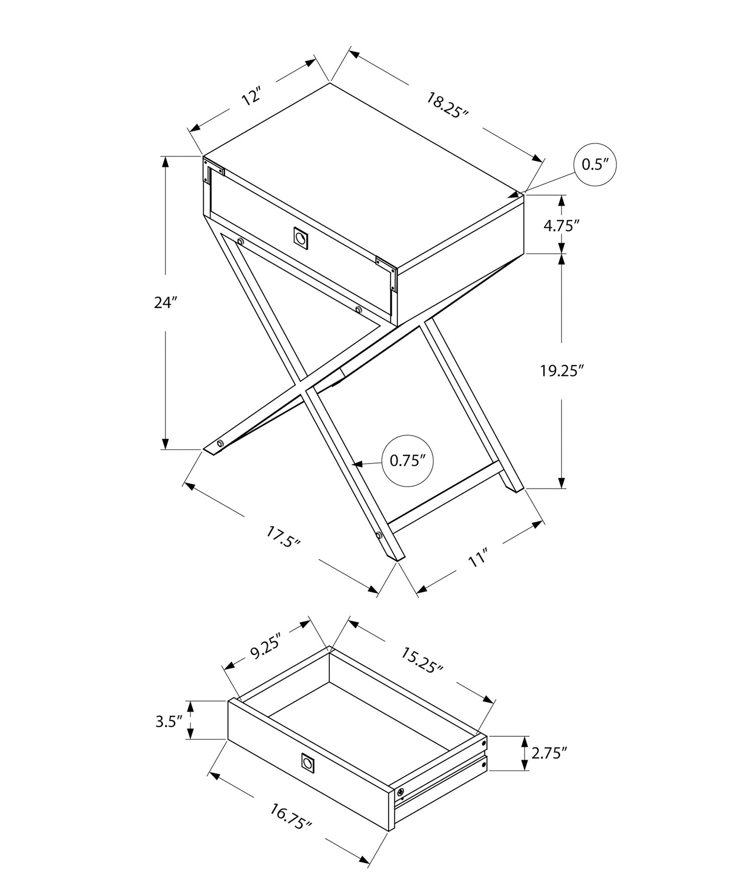 Line drawing of a modern end table with drawer and Xshaped legs showing dimensions