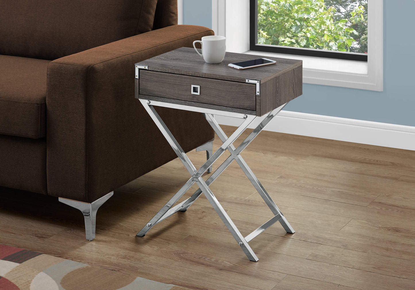 Dark grey wood accent table with a chrome Xframe base and a single drawer