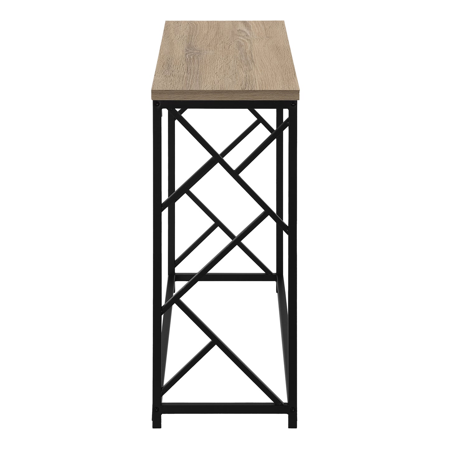 Rustic oak wood top console table with black geometric metal frame legs