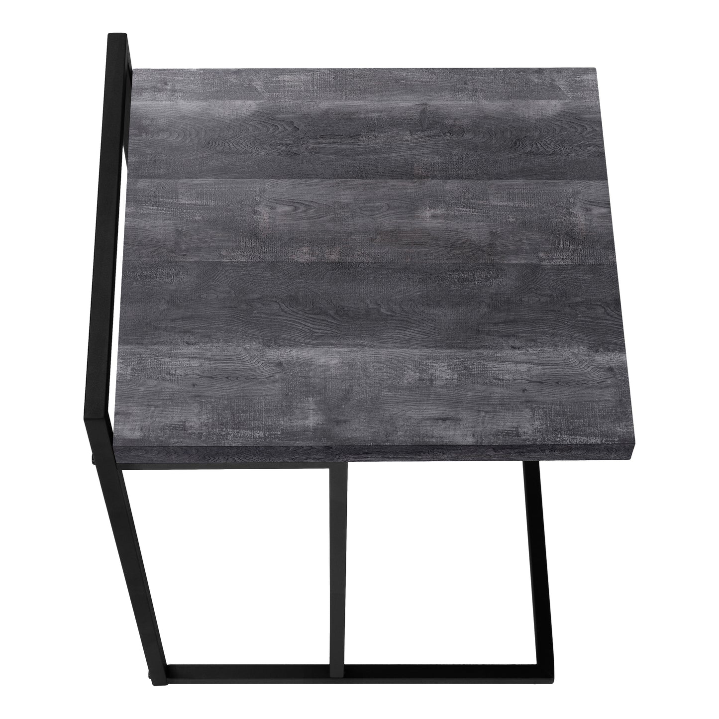 Rustic grey wood grain desk with black metal frame for modern office spaces