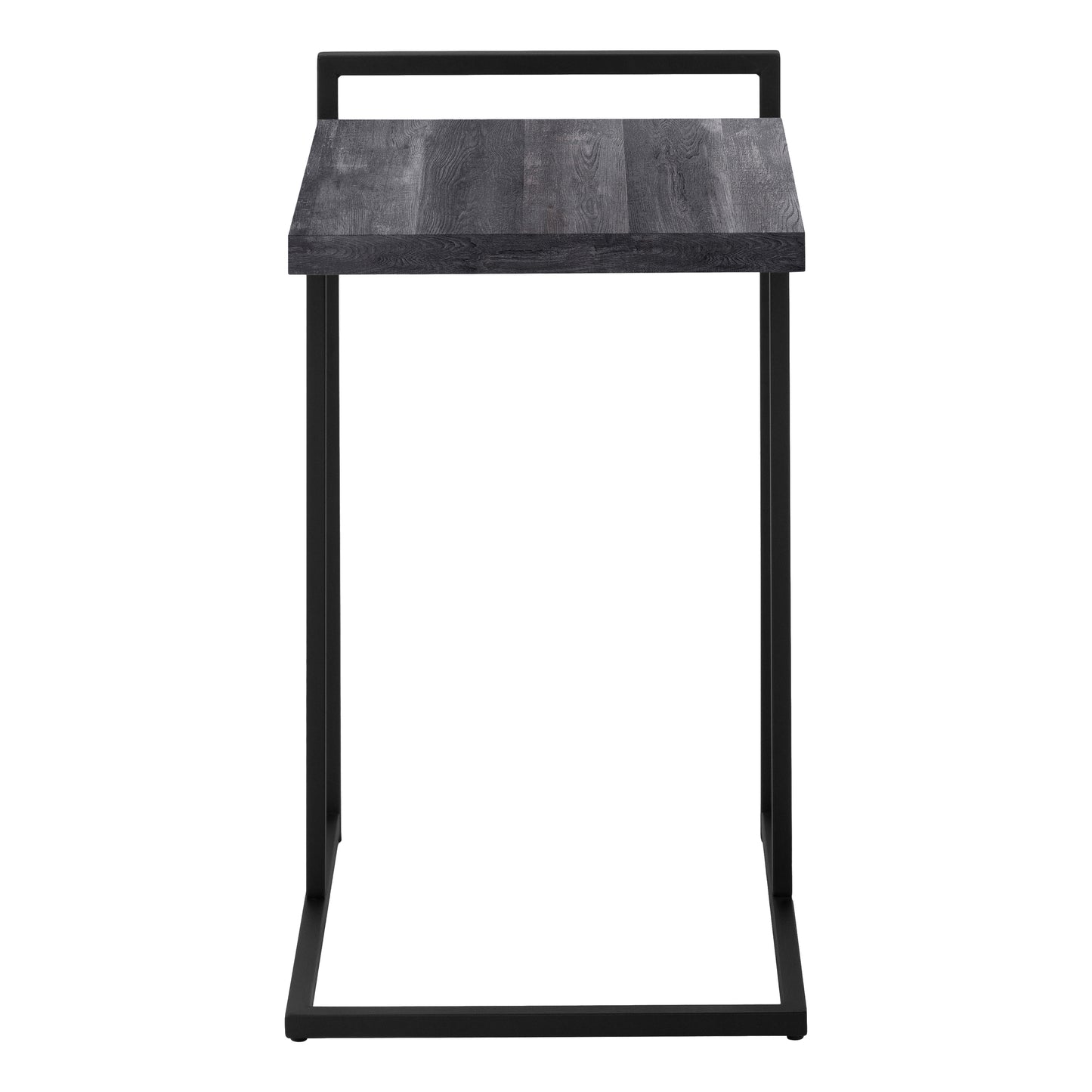 Industrial end table with distressed black wood top and metal frame