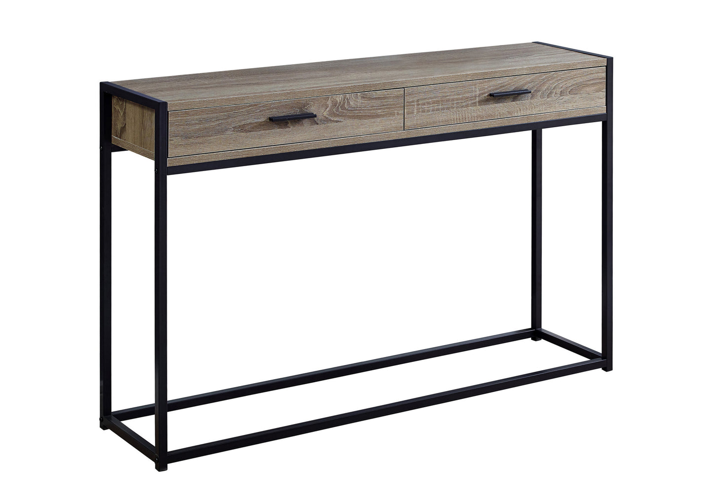 Rustic wood grain console table with black metal frame and two drawers