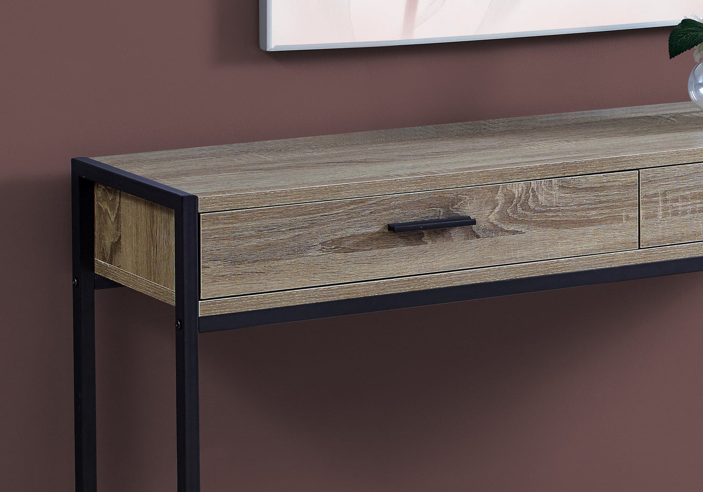Rustic oak wood console table with black metal frame and drawer