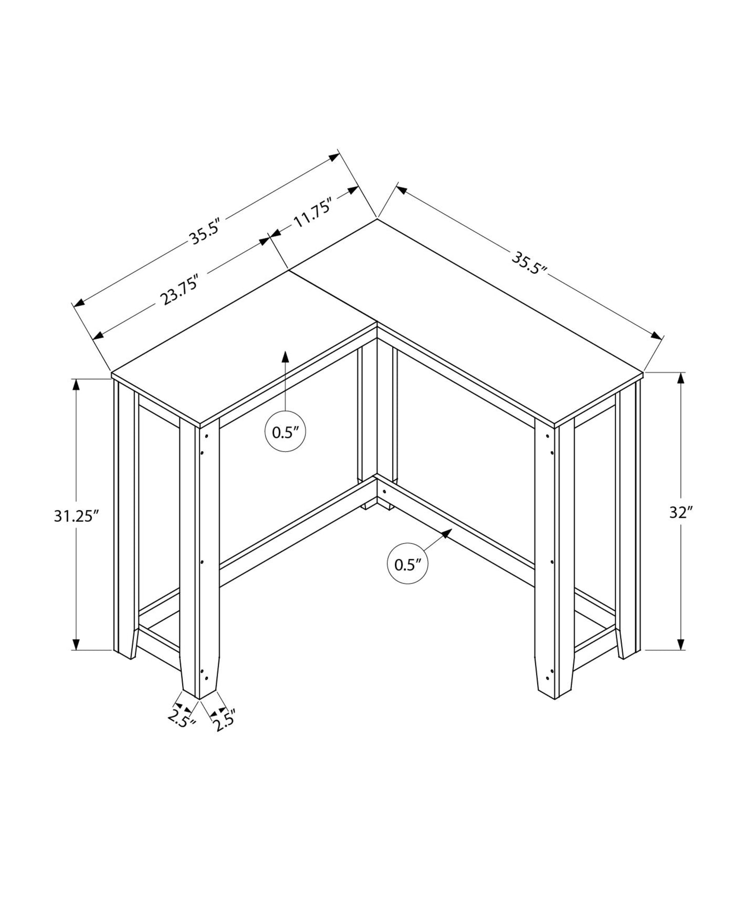 Diagram showing Lshaped desk dimensions x tabletop height