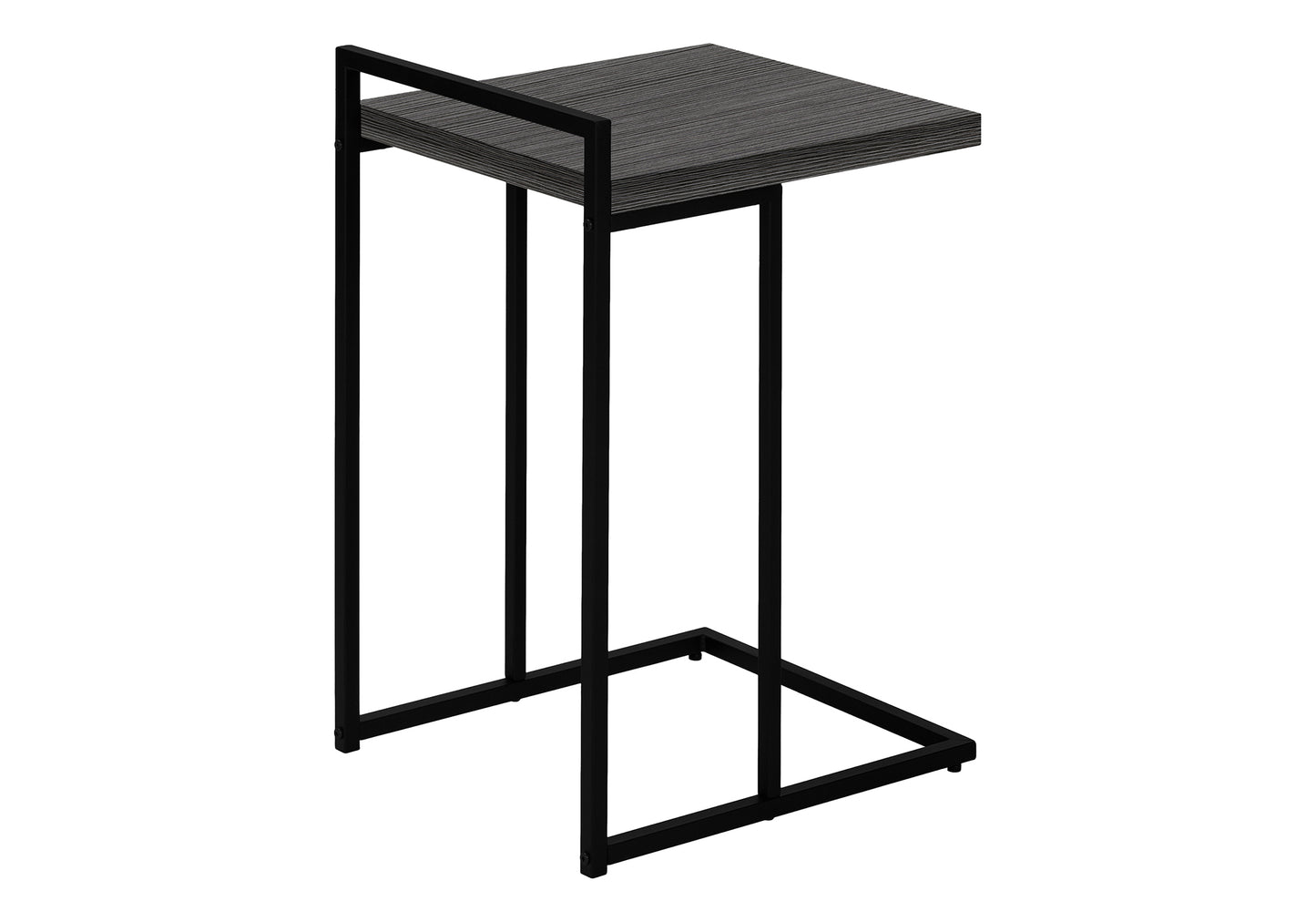 Modern Ctable with gray wood grain top and black metal frame perfect for living rooms