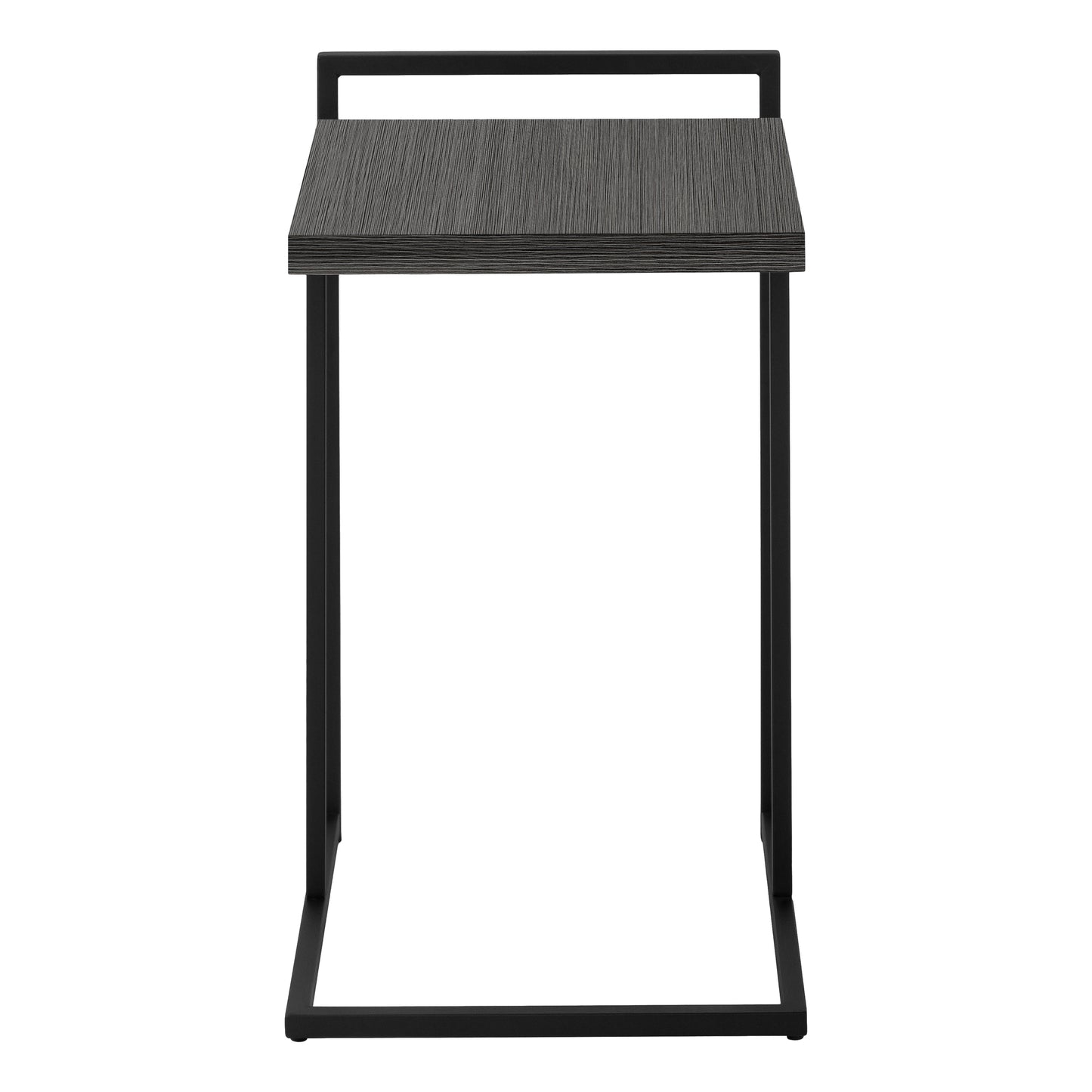 Modern C table with grey wood grain top and black metal frame perfect for small spaces