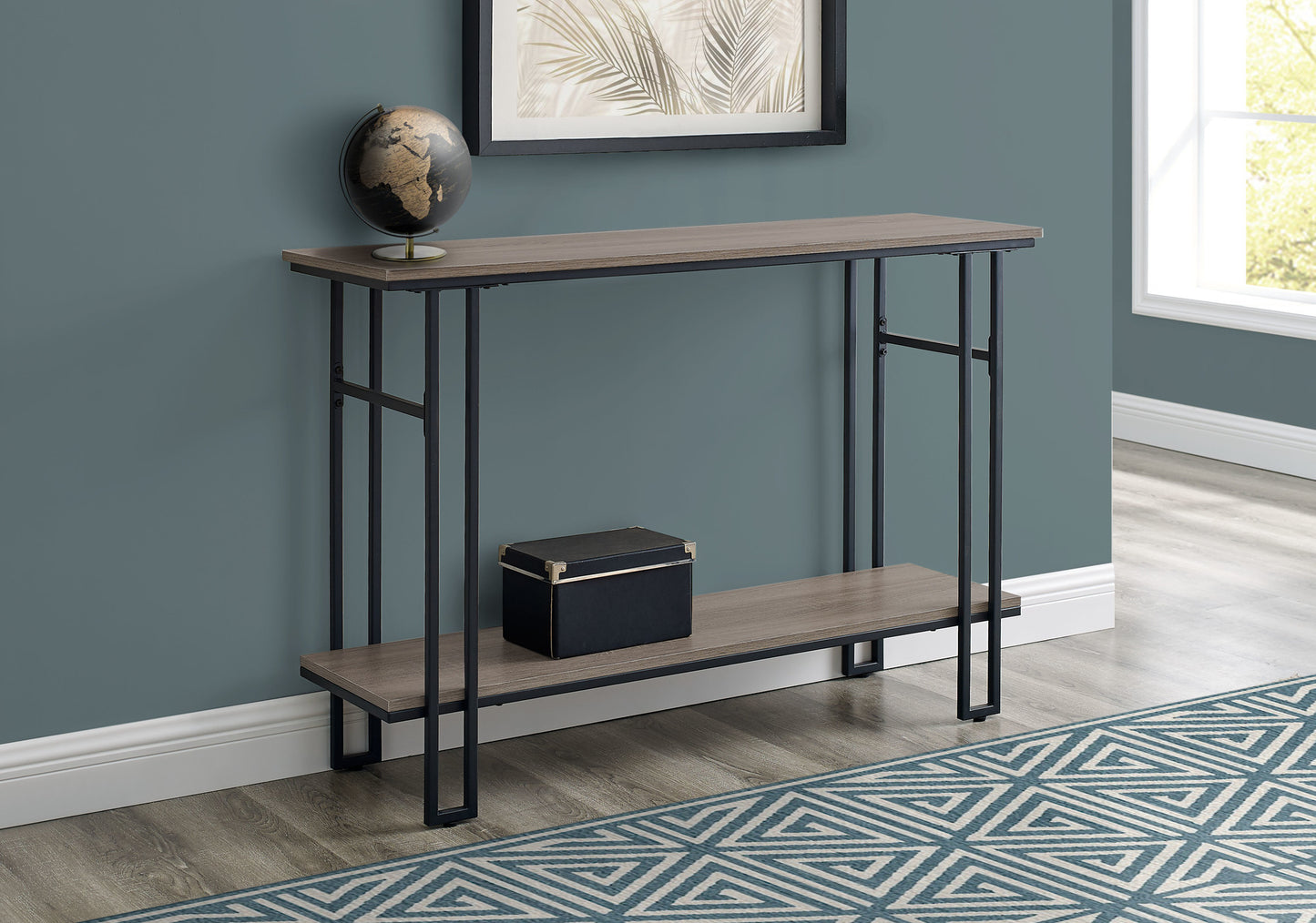 Rustic oak console table with black metal frame and two shelves