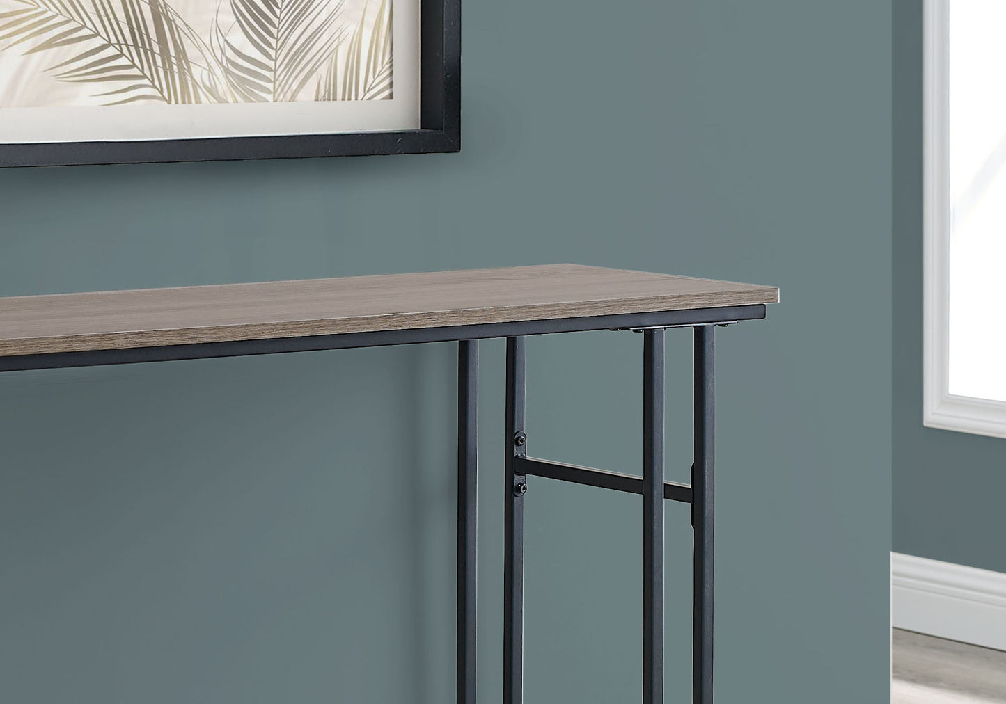 Modern gray wood console table with black metal frame narrow design