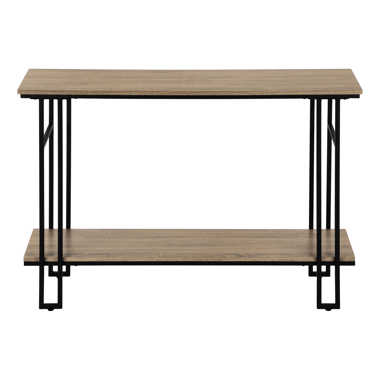Rustic brown wood console table with two shelves and black metal legs