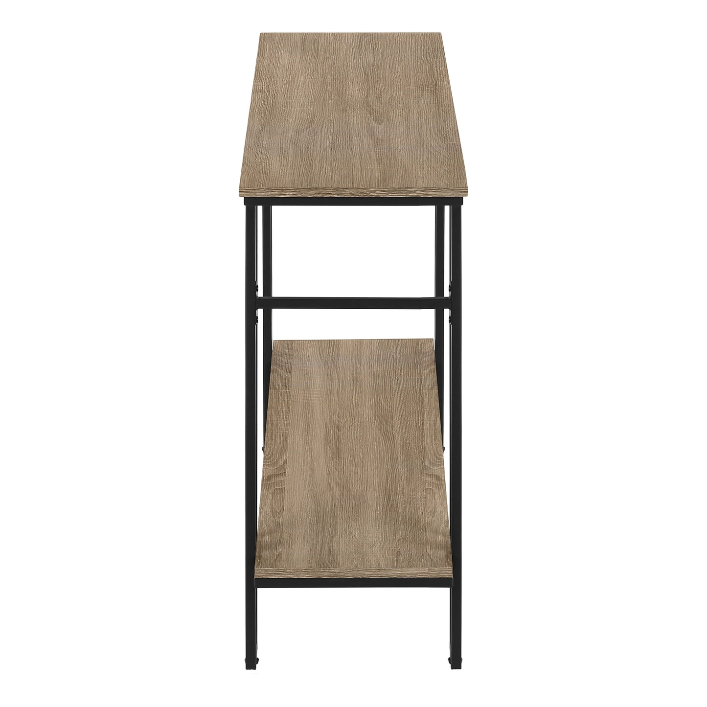 Rustic wood accent table with two shelves and black metal frame