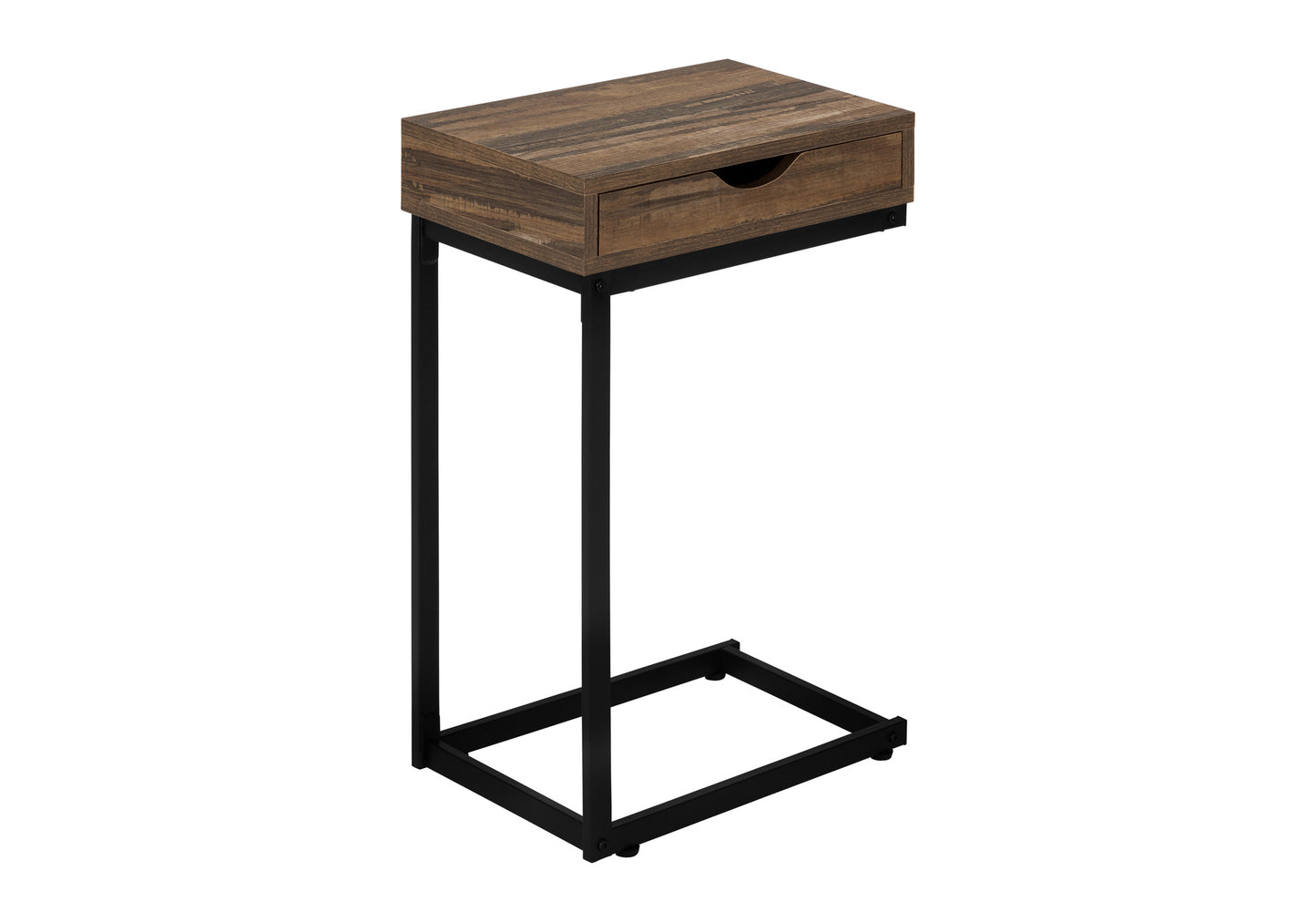 Rustic brown wooden Ctable with black metal frame and single drawer ideal for living rooms
