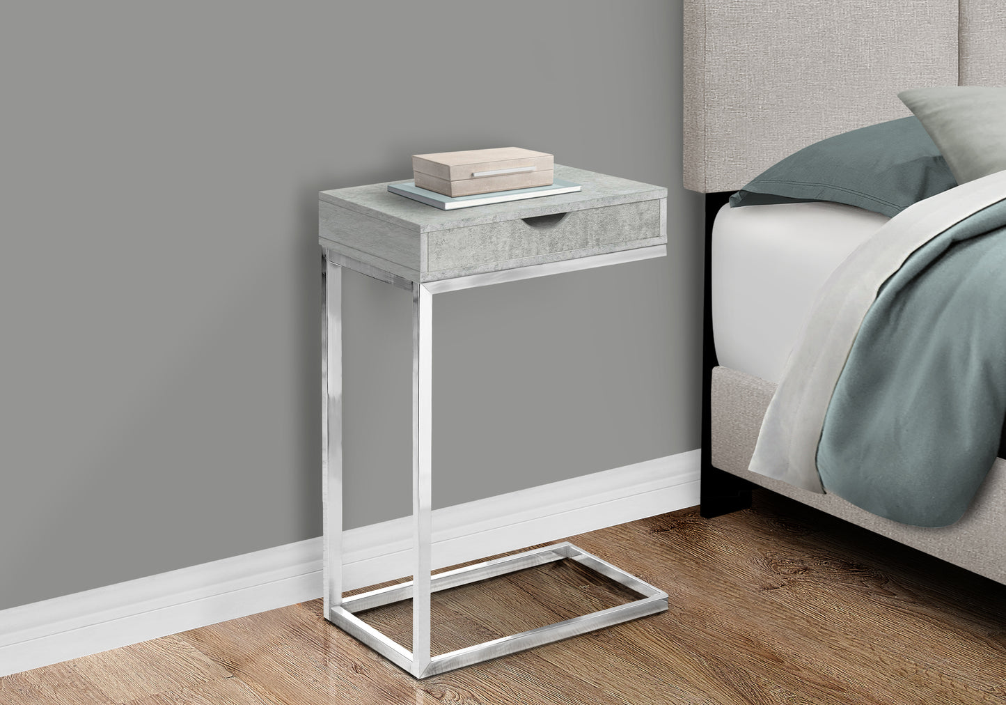 Modern grey Ctable with chrome base and single drawer