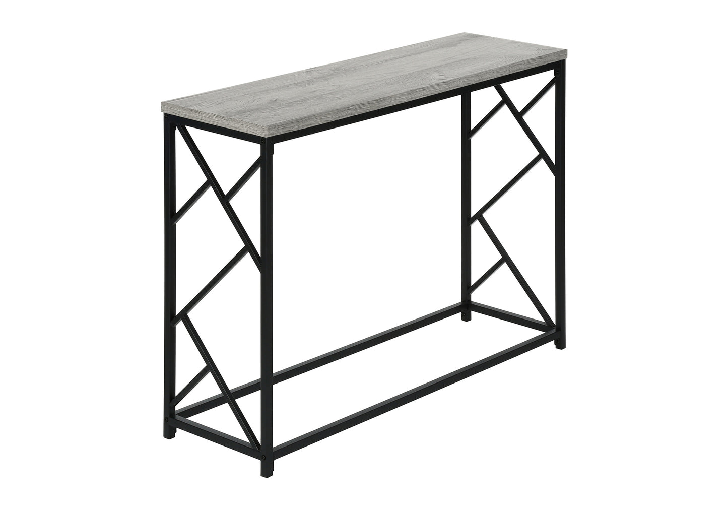 Grey wood grain top metal frame console table with geometric side accents