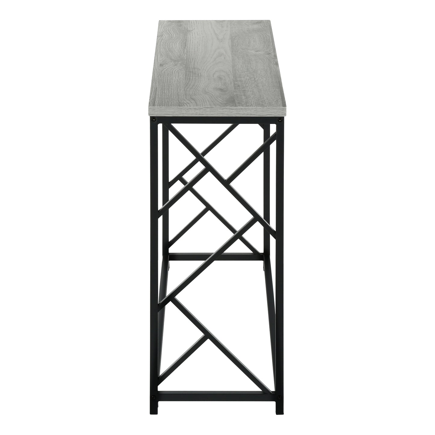 Gray wood grain top console table with black geometric metal frame
