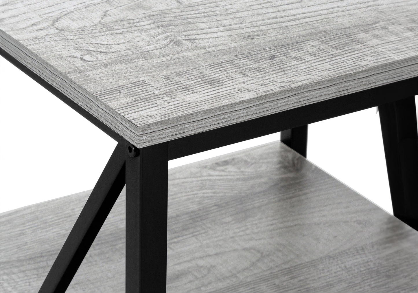 Rustic gray wood grain laminate top with black metal frame accent table