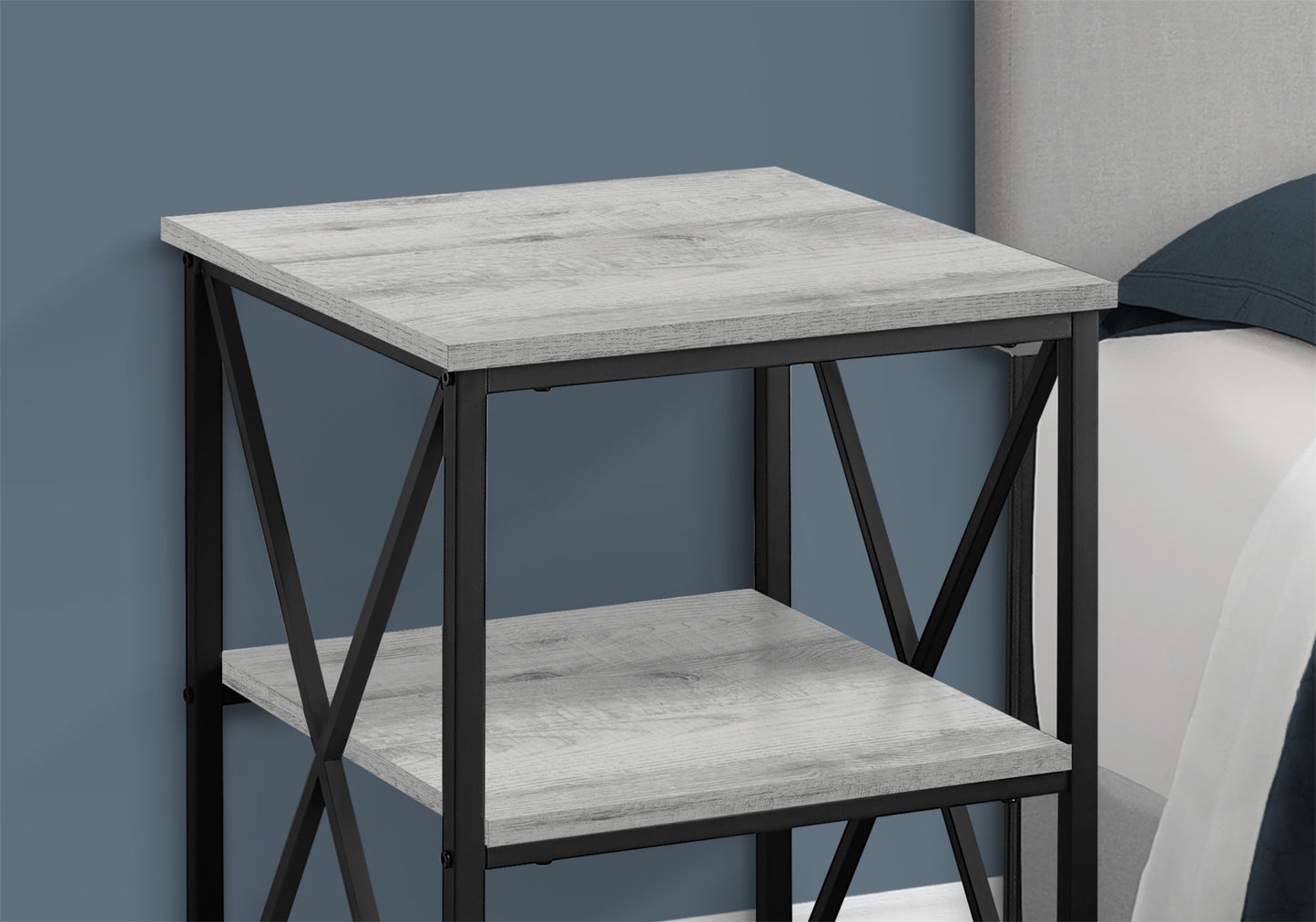 Gray wood grain twotier end table with black metal frame and Xcross supports