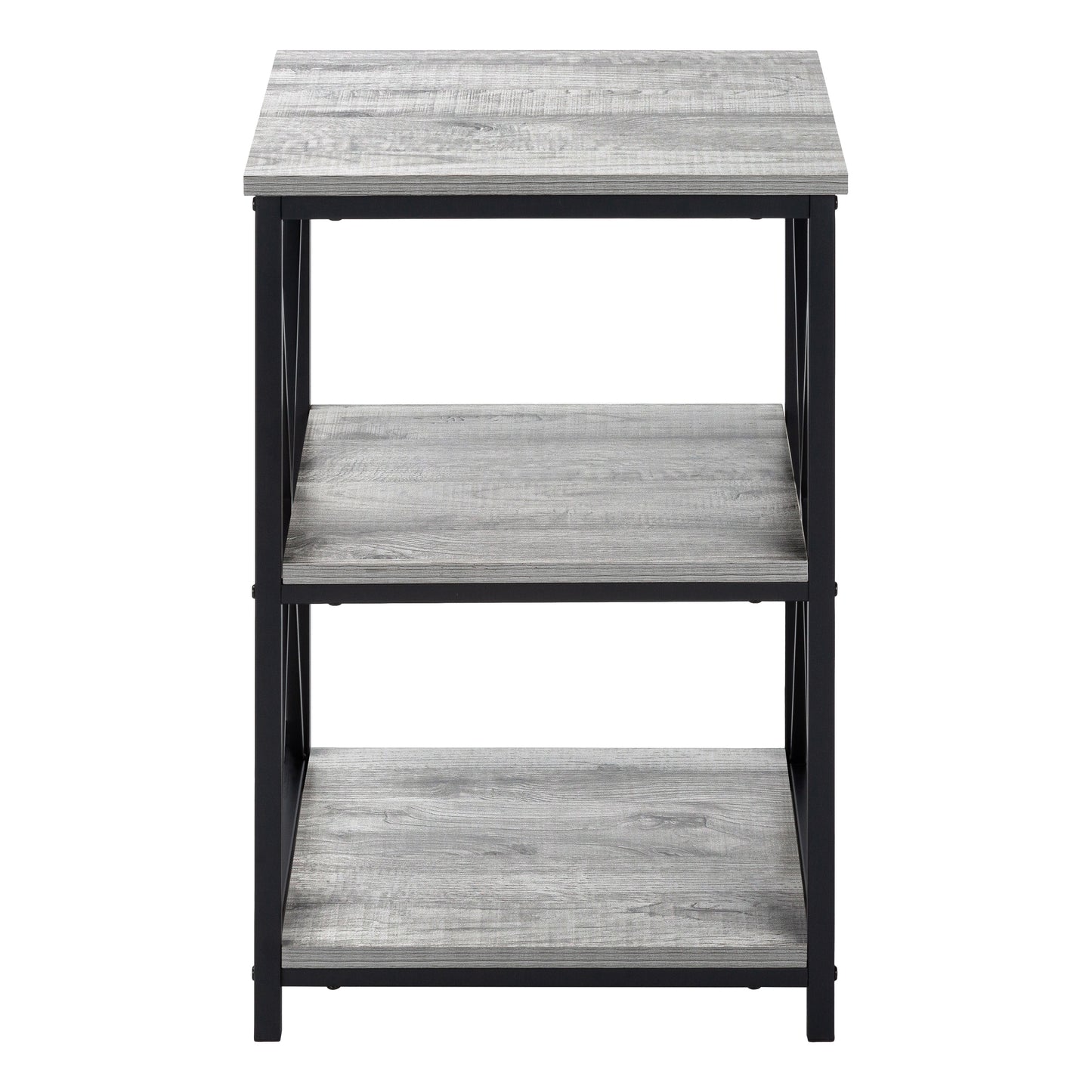 Rustic grey wood and black metal shelf accent table for living rooms