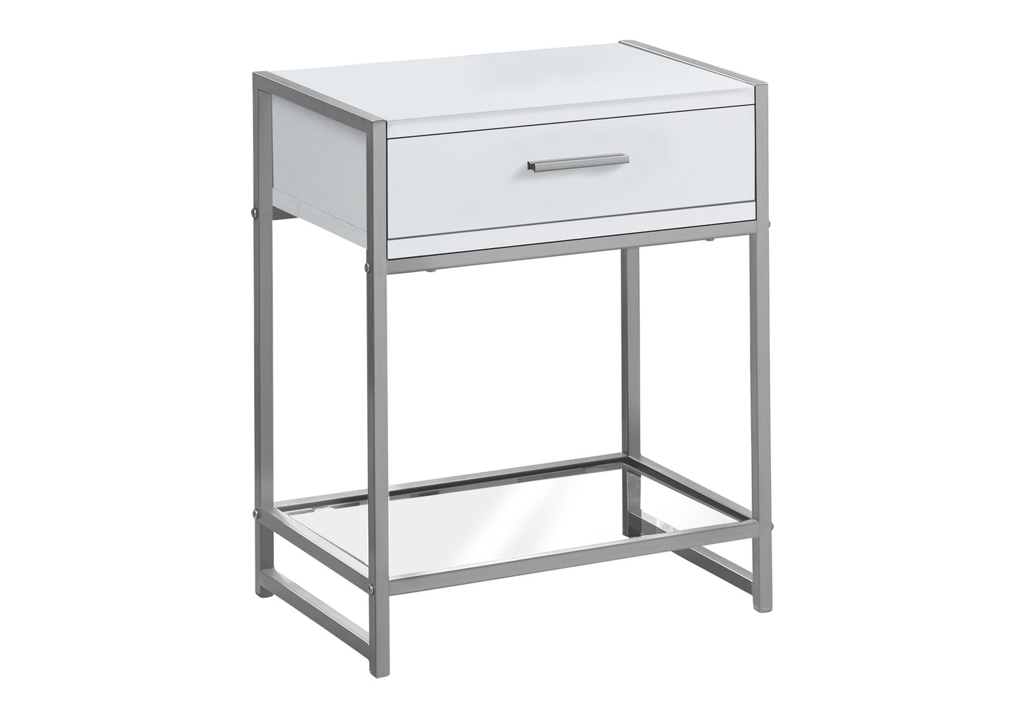Sleek white and chrome accent table with a single drawer and mirrored bottom shelf