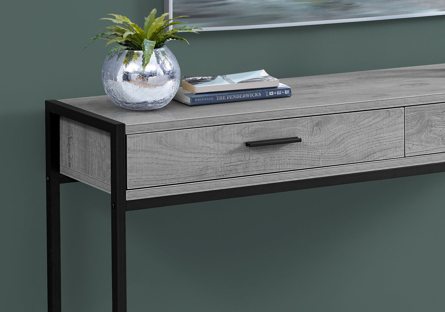 Grey wood console table with black metal frame and one drawer