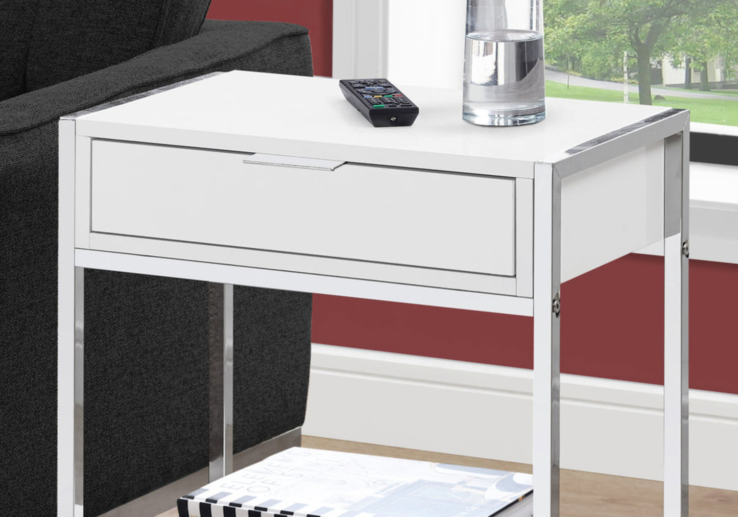 Modern white bedside table with chrome legs and single drawer ideal for small spaces
