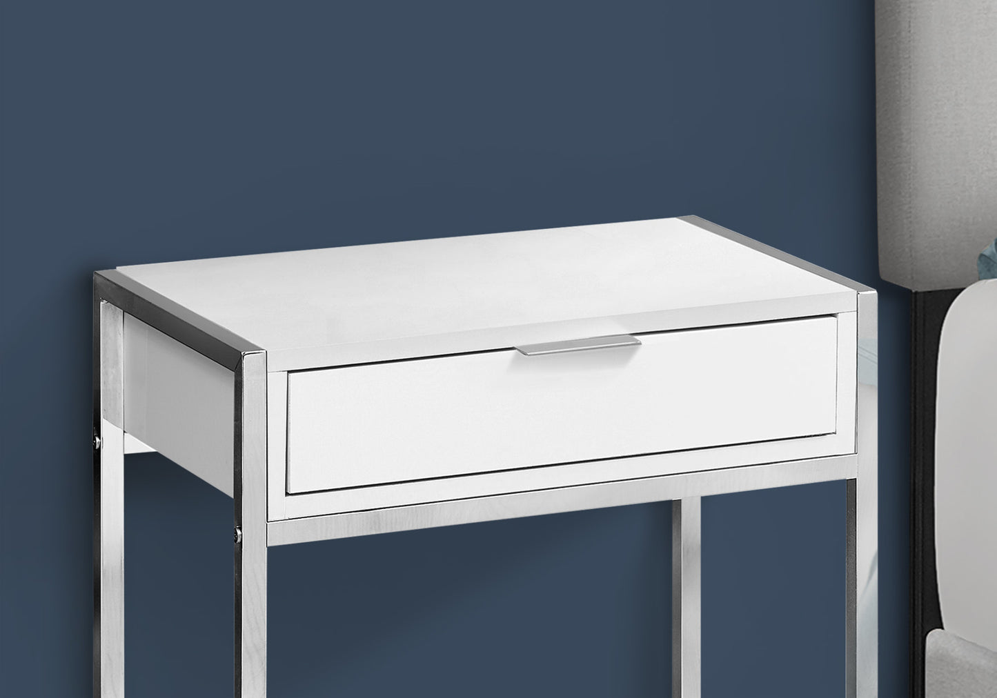 Sleek white bedside table with a single drawer and chrome accents perfect for modern bedrooms