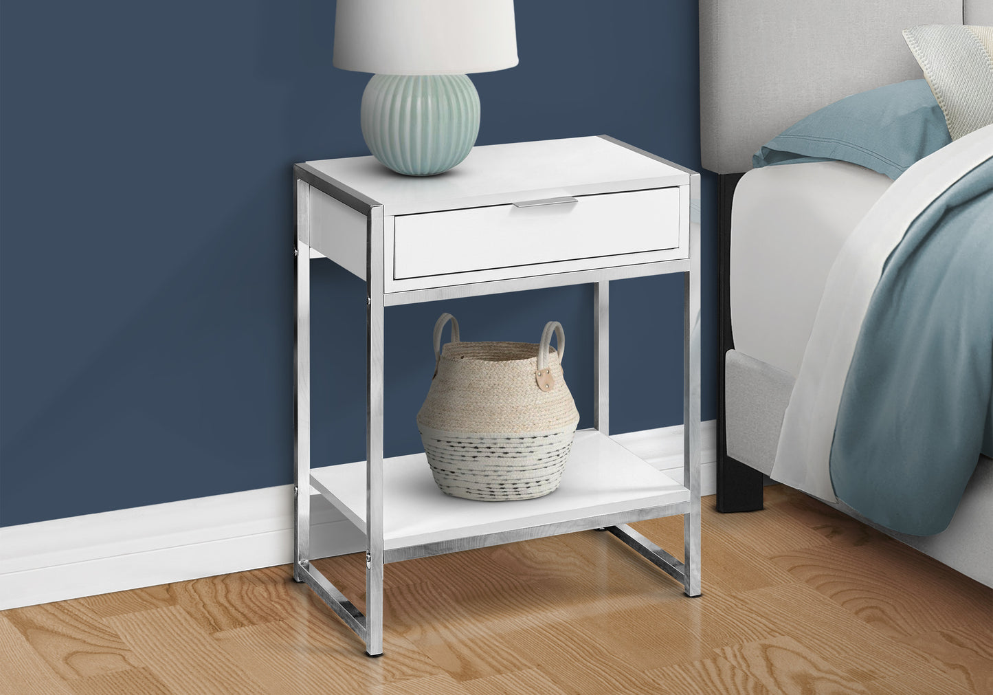Modern white and chrome nightstand with one drawer and open shelf for bedroom storage