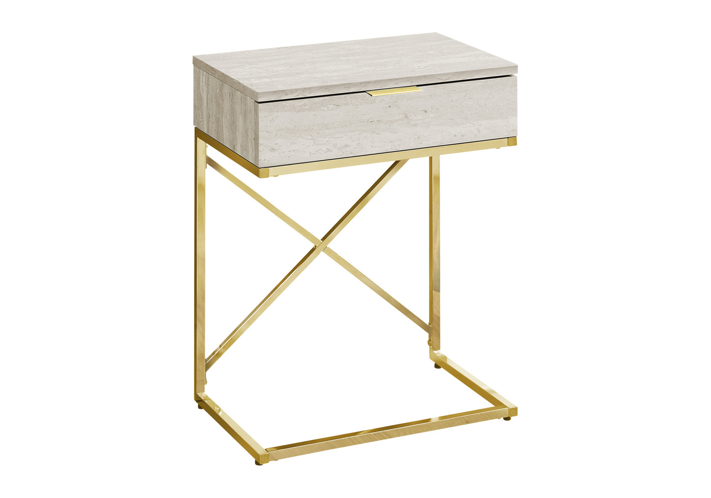 Travertine ctable with brushed gold base featuring a single drawer and modern design