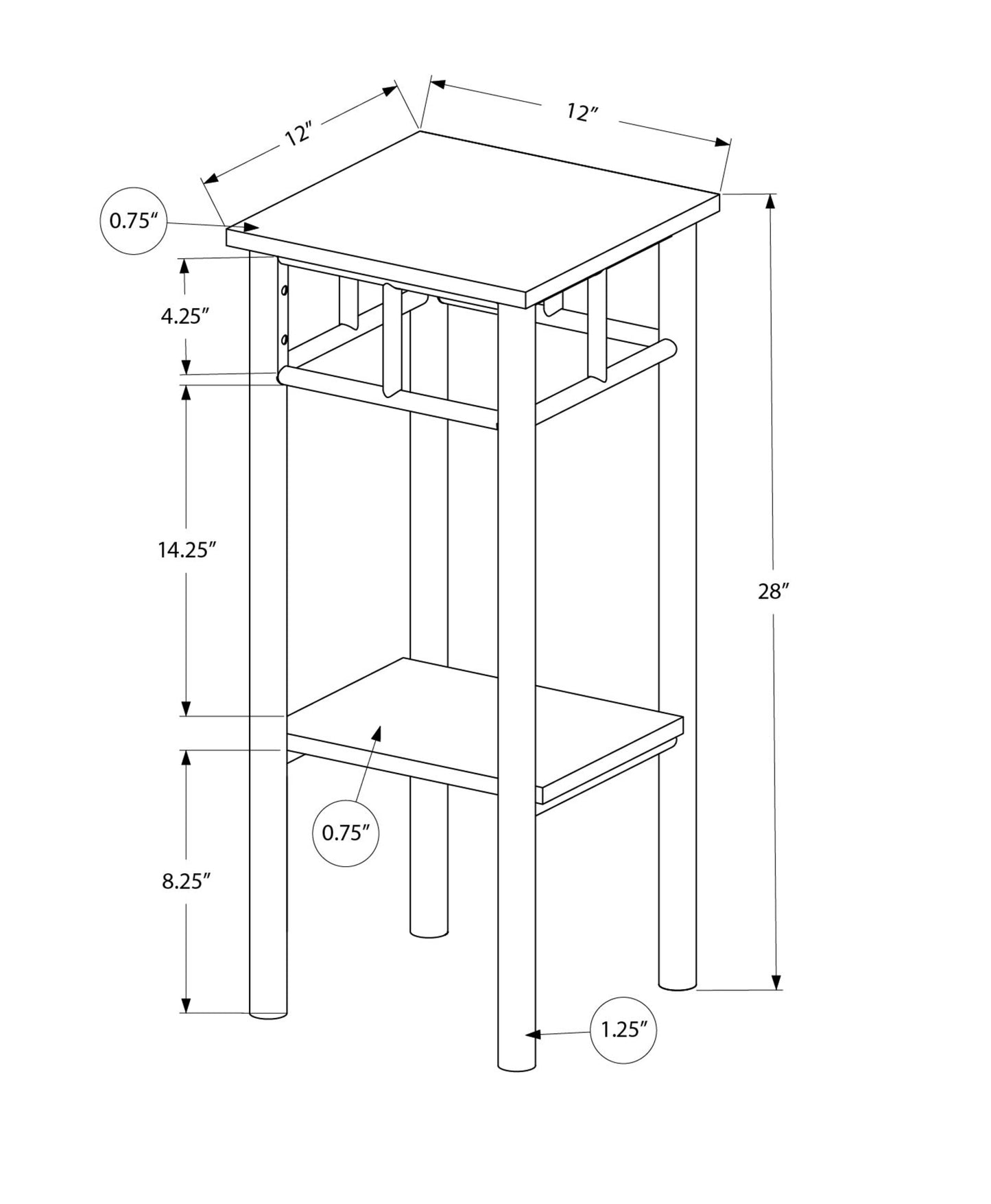 Line drawing of a inch tall accent table with dimensions a x inch top