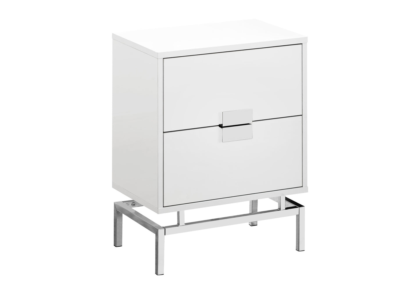 Sleek white twodrawer nightstand with polished chrome legs perfect for modern bedrooms