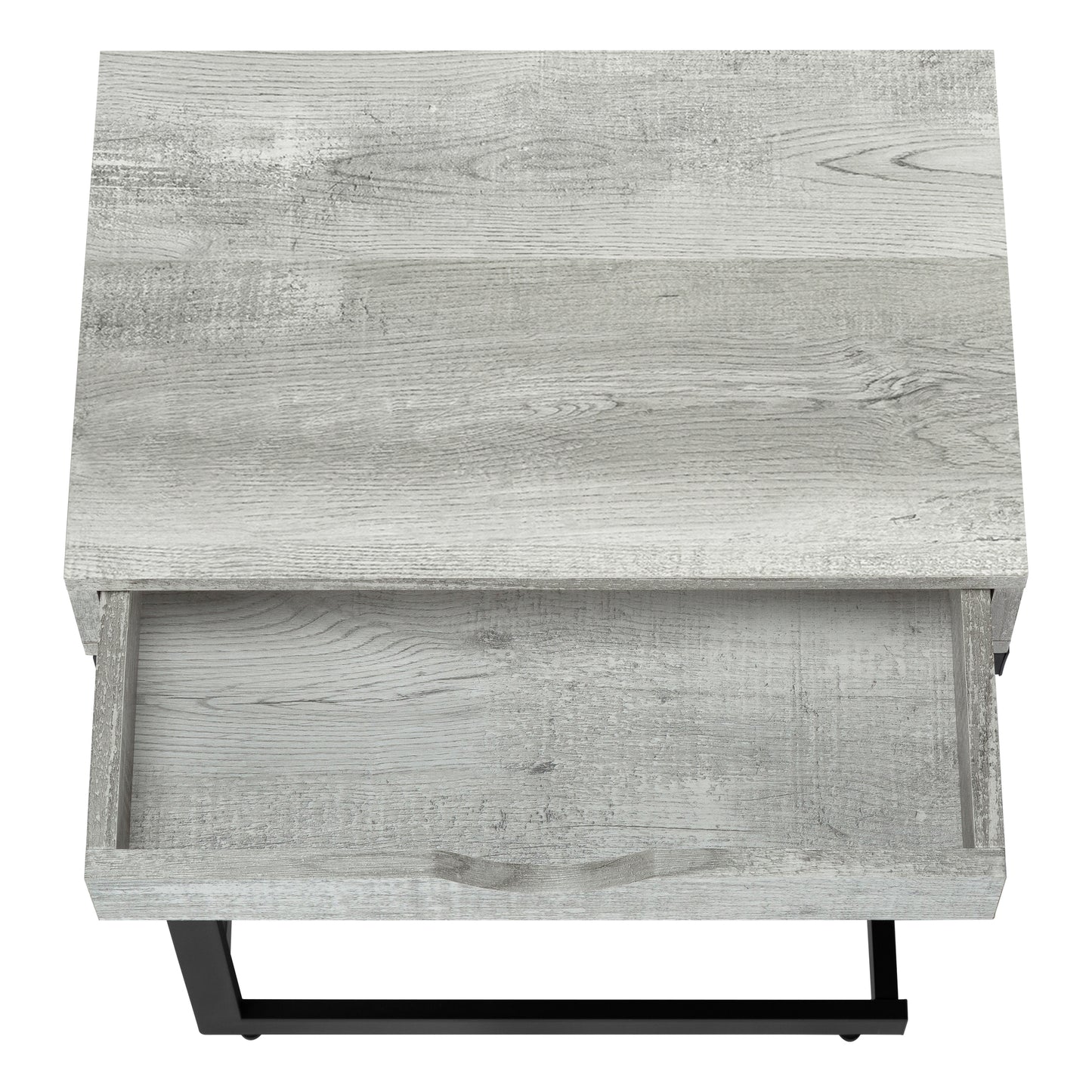 Gray wood grain nightstand with one open drawer and black metal legs