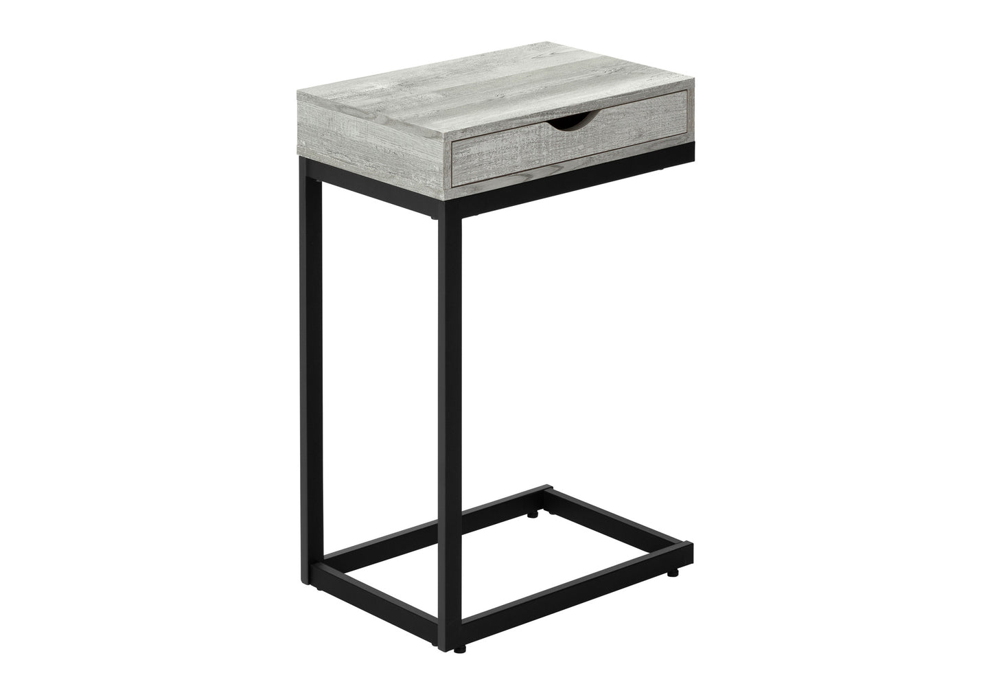 Rustic gray wood accent table with a single drawer and black metal frame