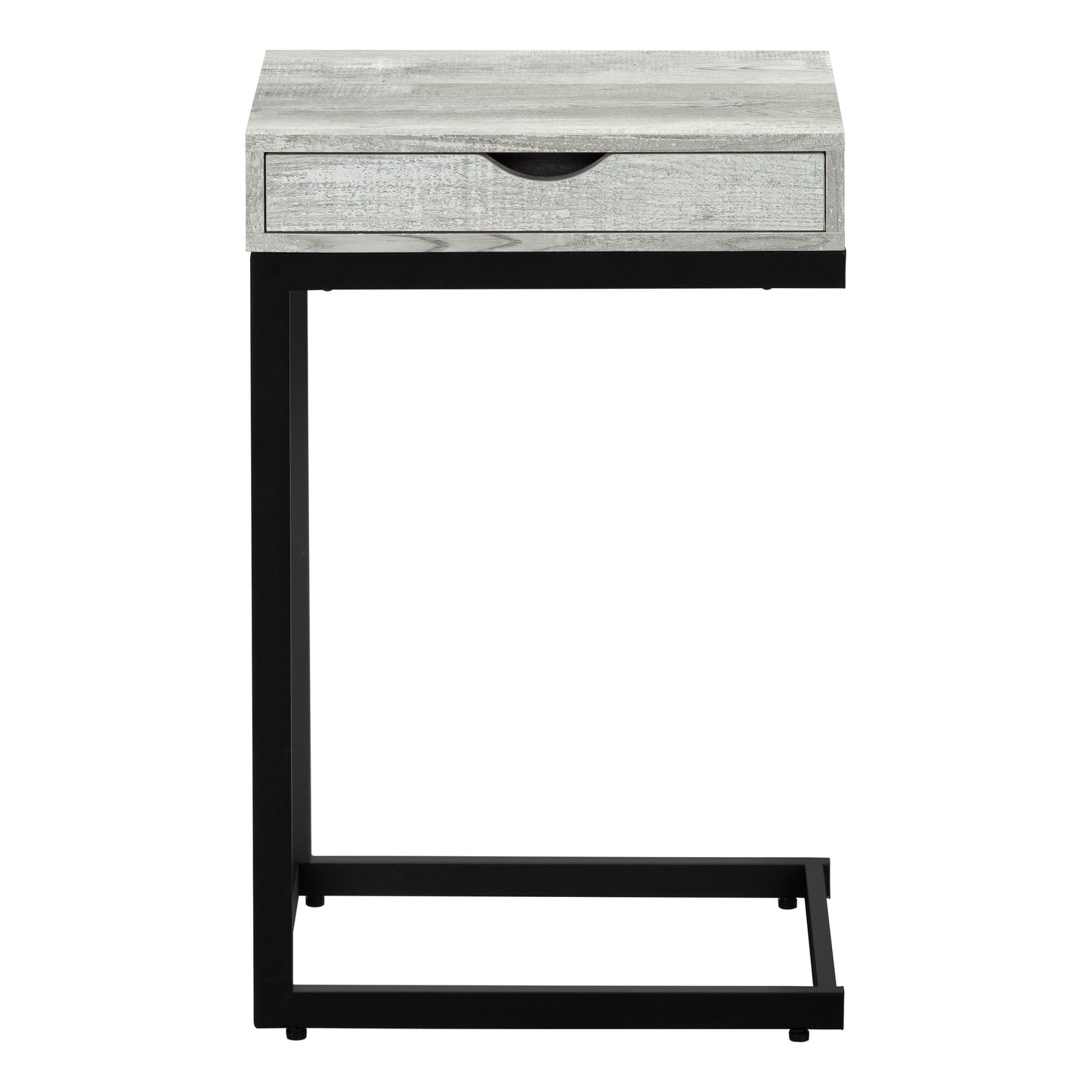 Modern Ctable with weathered gray wood top black metal frame and single drawer for convenient storage