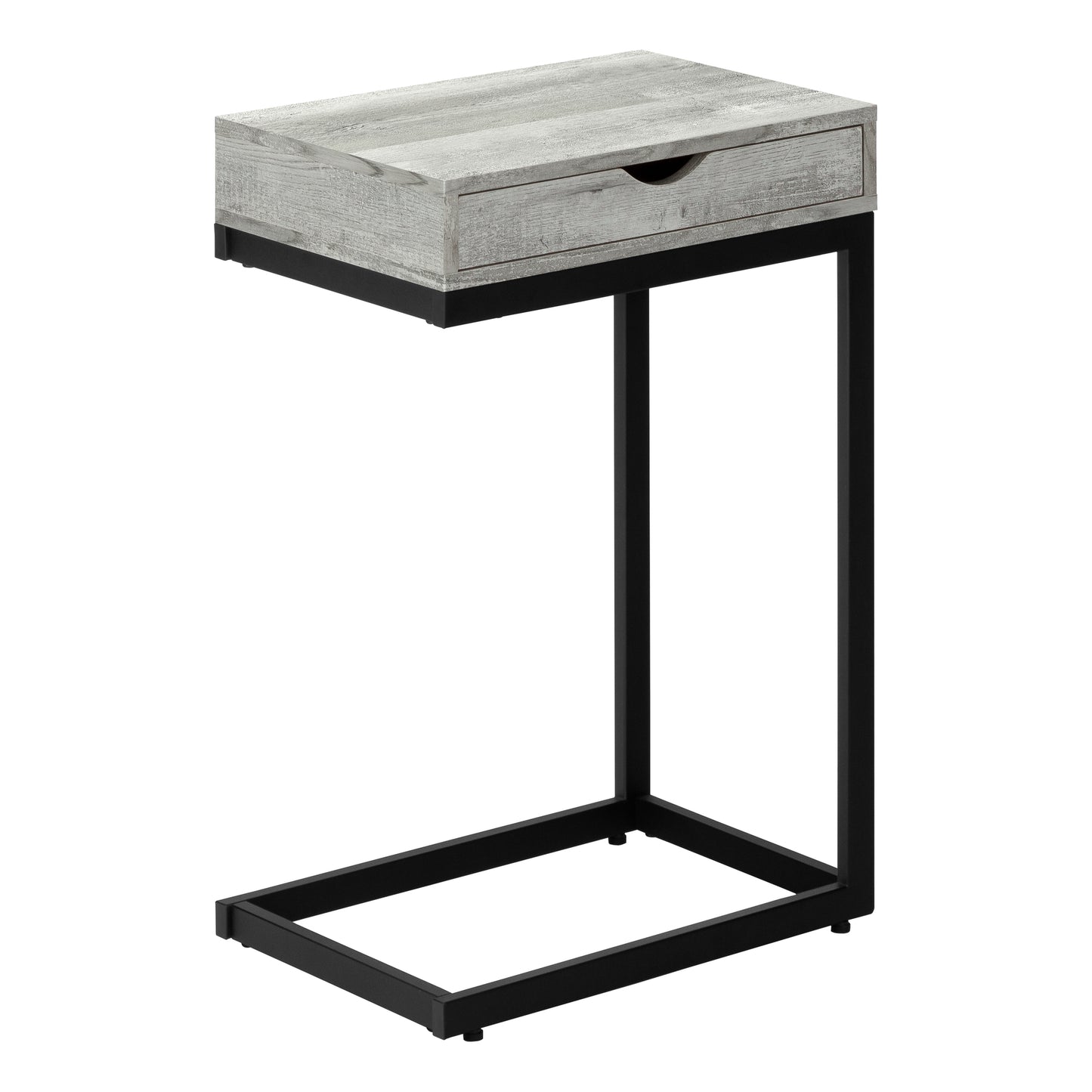 Grey wood finish ctable with black metal frame and single drawer perfect for small spaces