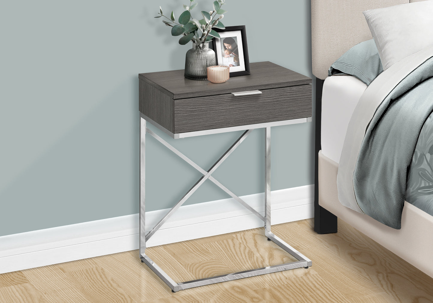 Gray faux wood accent table with silver Xleg frame and single drawer