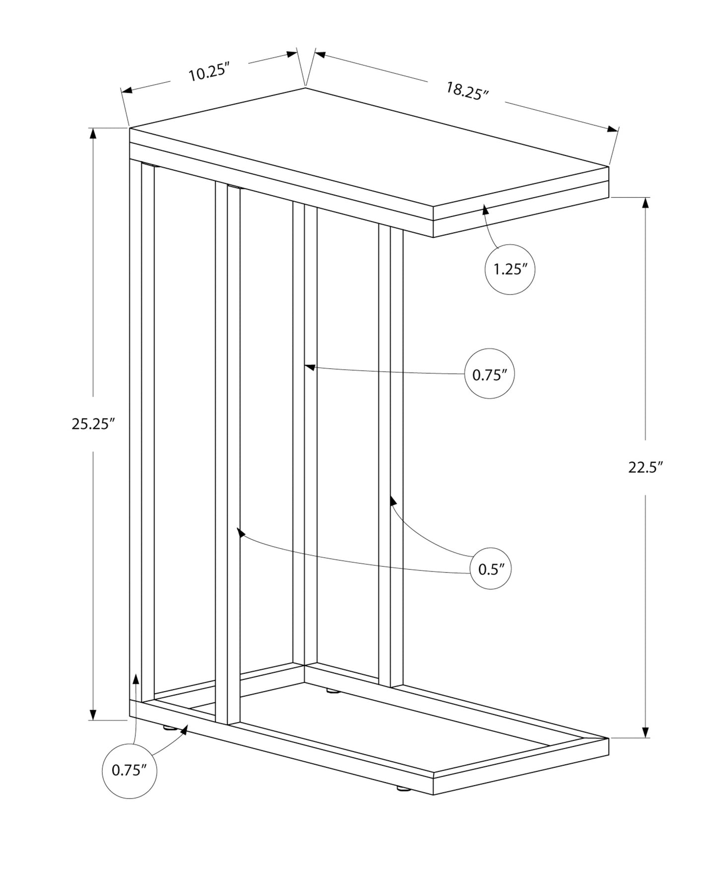 Line drawing of a Cshaped side table with dimensions x x