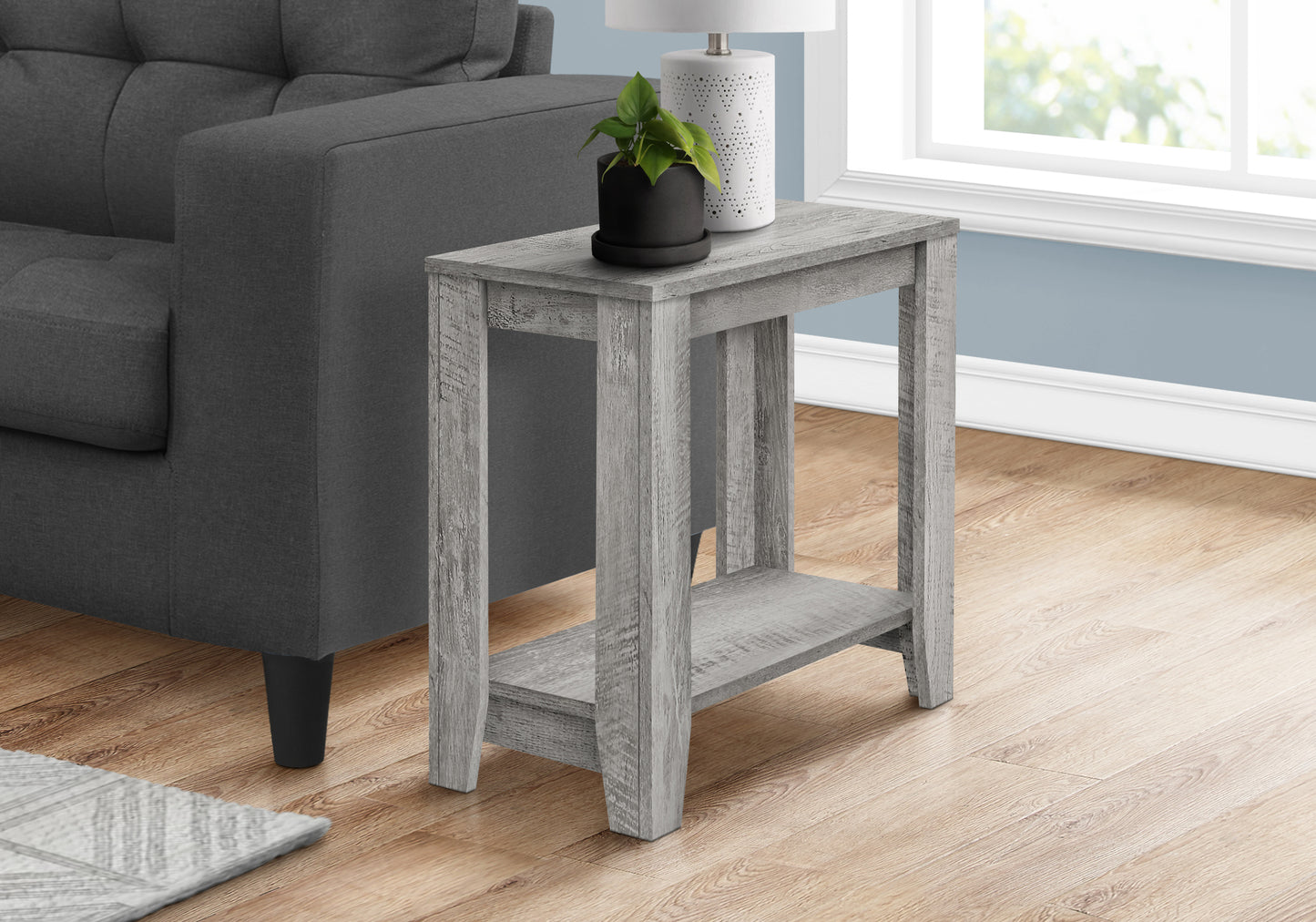 Gray woodgrain end table with shelf perfect for living room accents