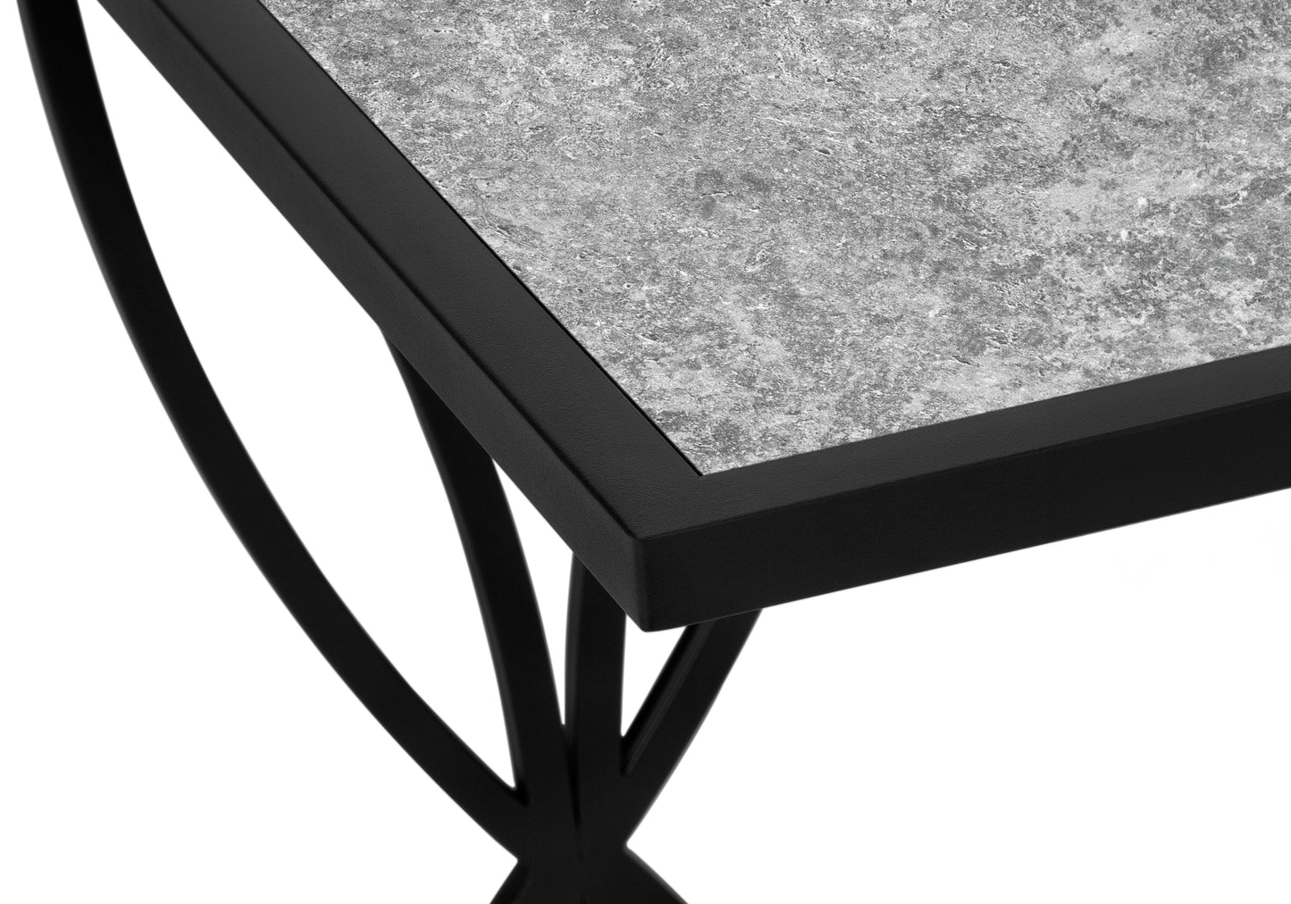 Modern accent table with speckled grey ceramic top and black metal frame