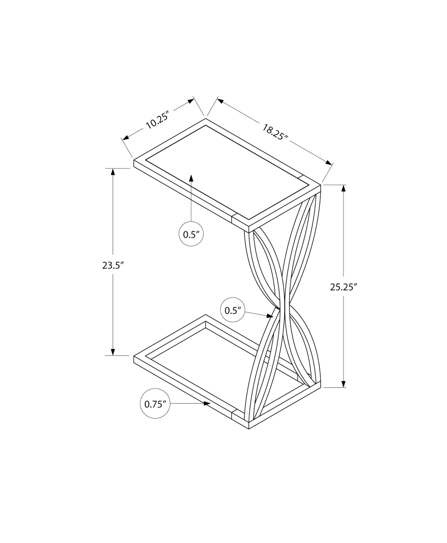 Line drawing of a modern accent table with elegant curves and precise measurements displayed