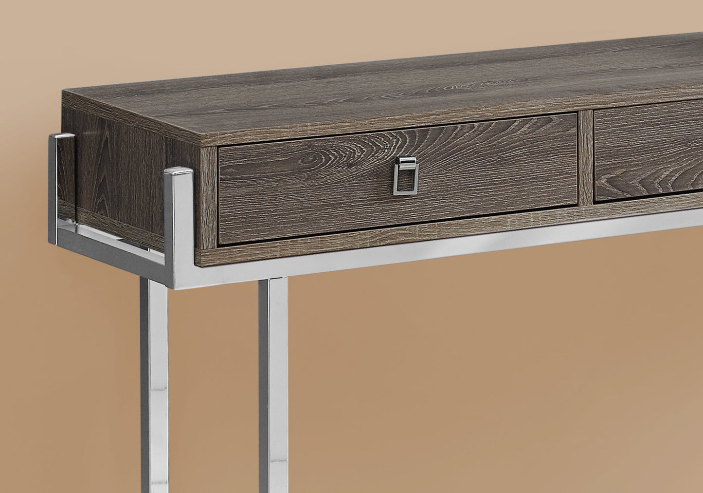 Modern wood and chrome console table with two drawers
