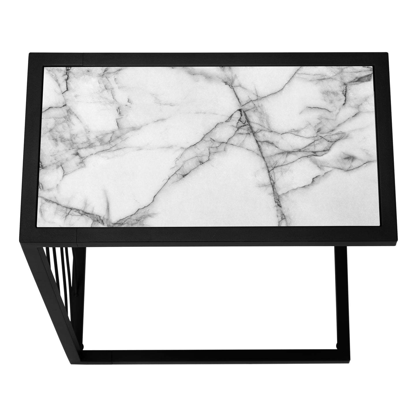 Modern rectangular coffee table with white marble top and black metal frame