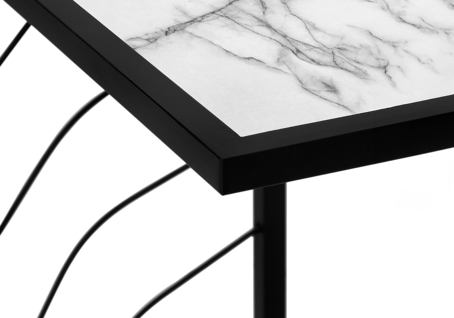 Modern side table with a white marbleeffect top and black metal frame