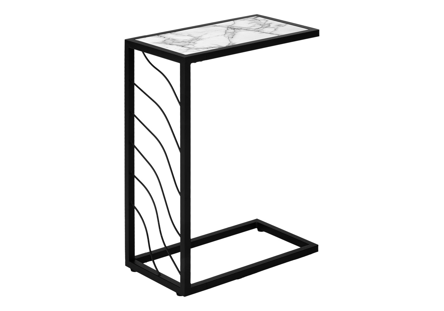 Cshaped side table with white marble top and black metal frame with wavy legs