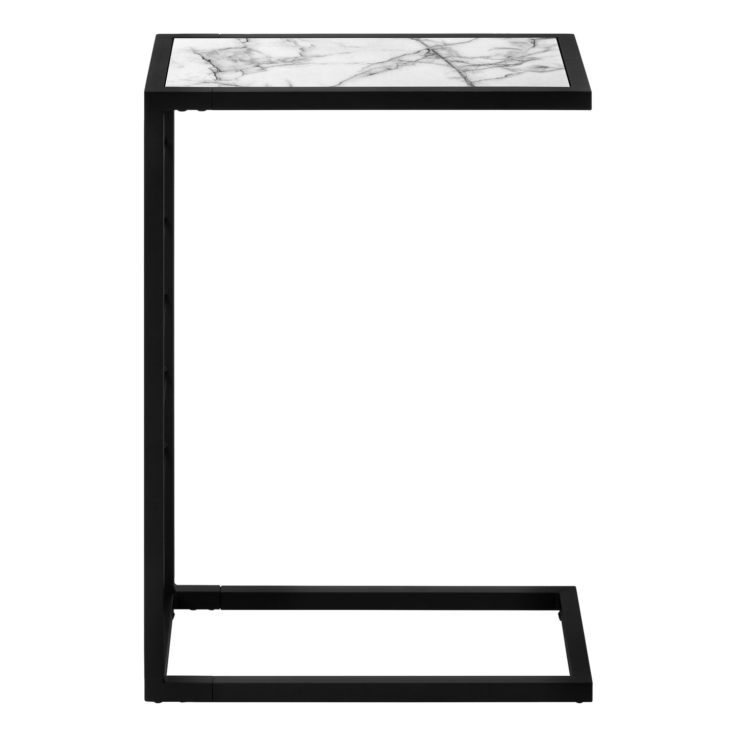 Cshaped side table with white marble top and black metal frame perfect for living rooms