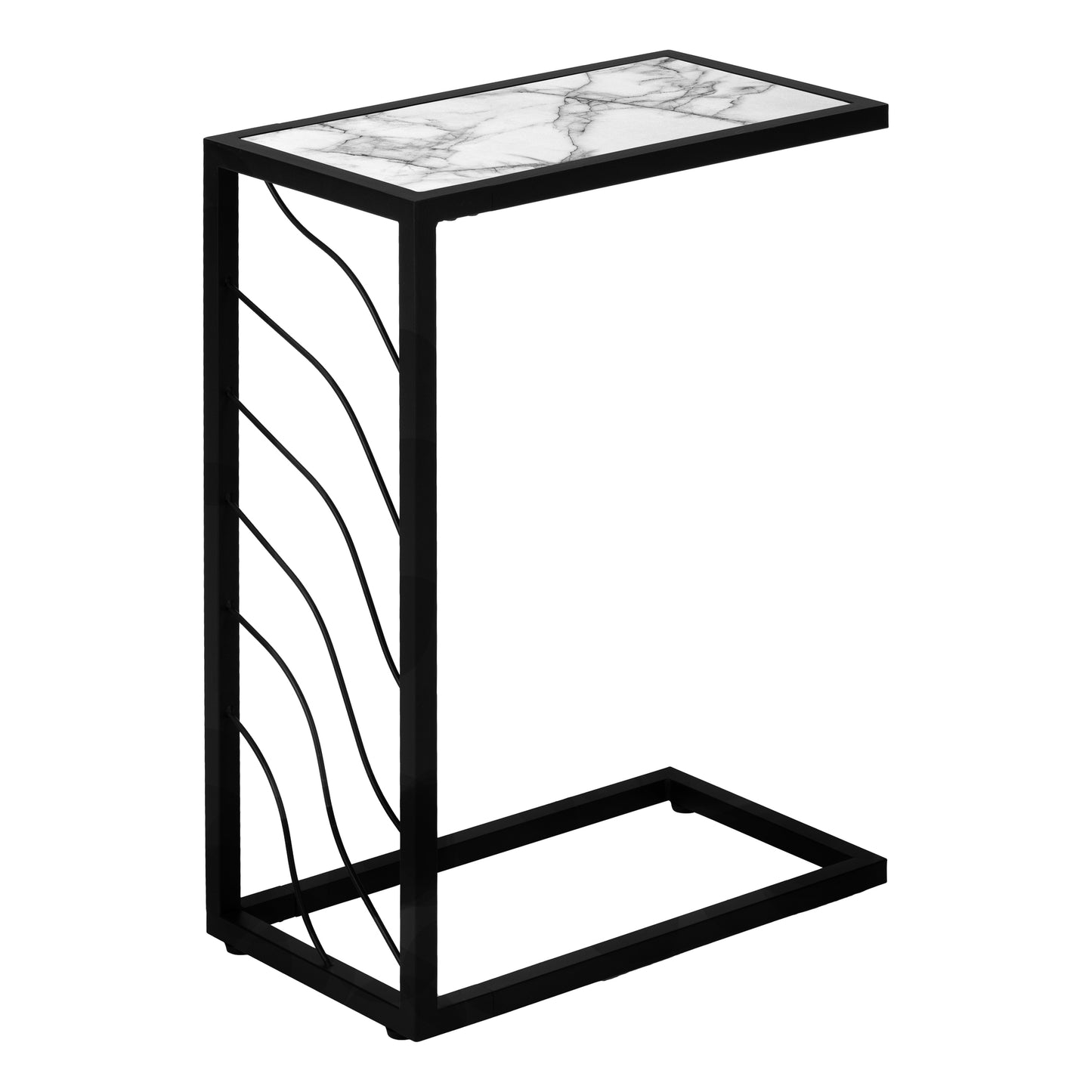 Modern ctable with white marble top and black metal frame with wavy accents