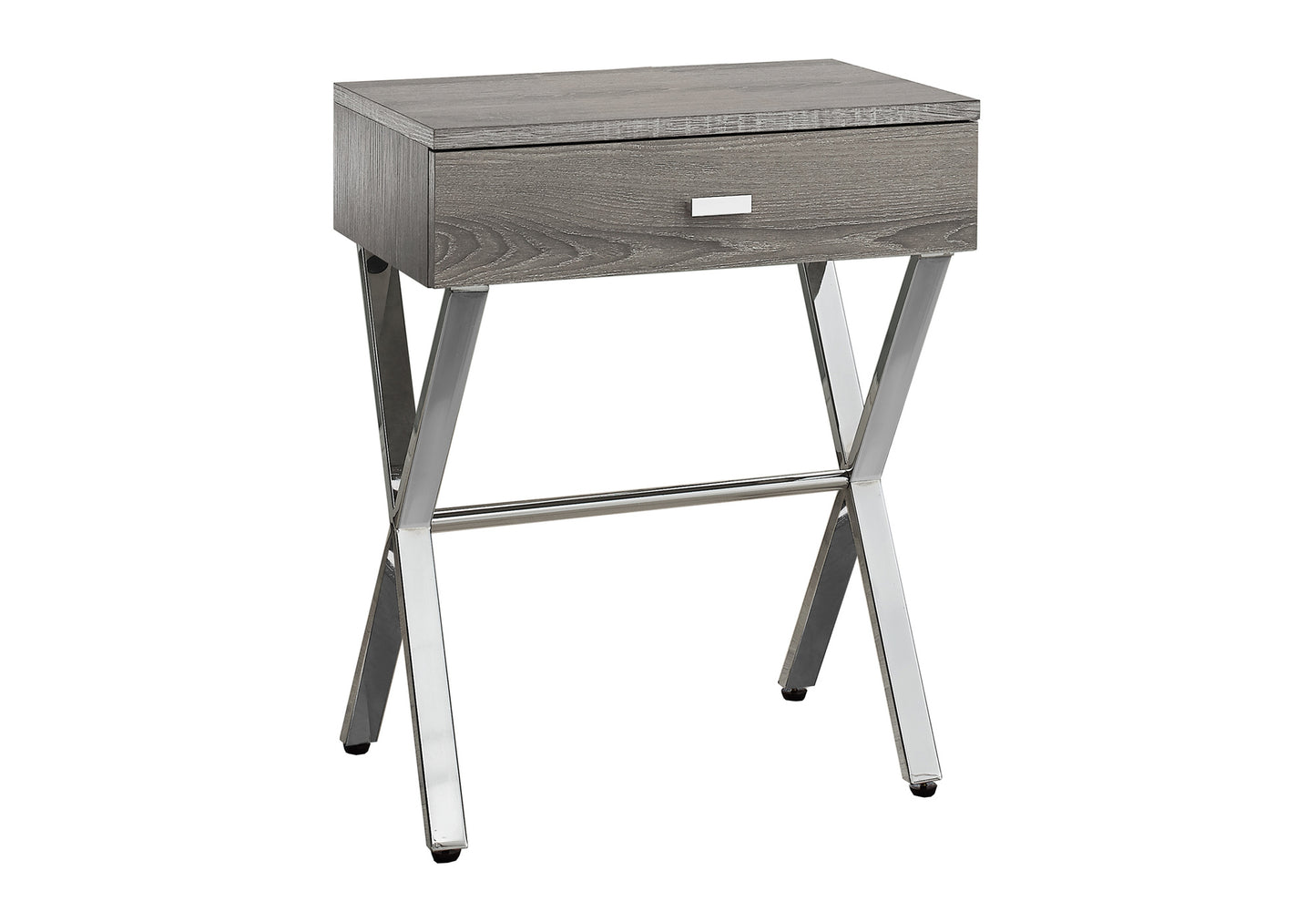 Grey wood grain end table with chrome Xframe legs and silver drawer pull