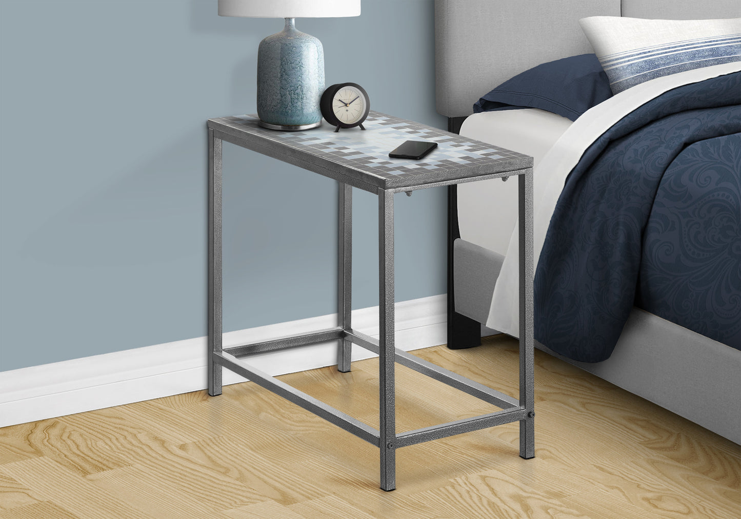 Silver metal Ctable with mosaic tile top perfect for small spaces