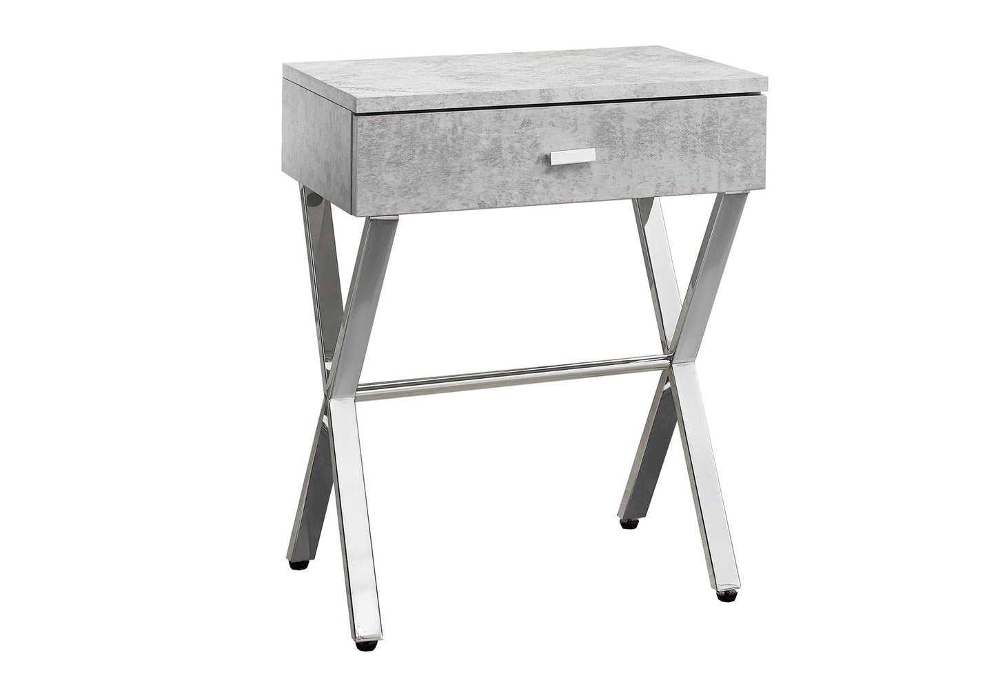 Gray concretelook nightstand with a silver drawer pull and chrome Xframe legs
